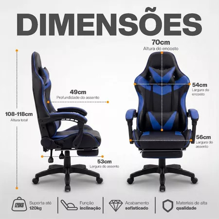Cadeira gamer preta e azul com dimensões e suporte de até 120 kg
