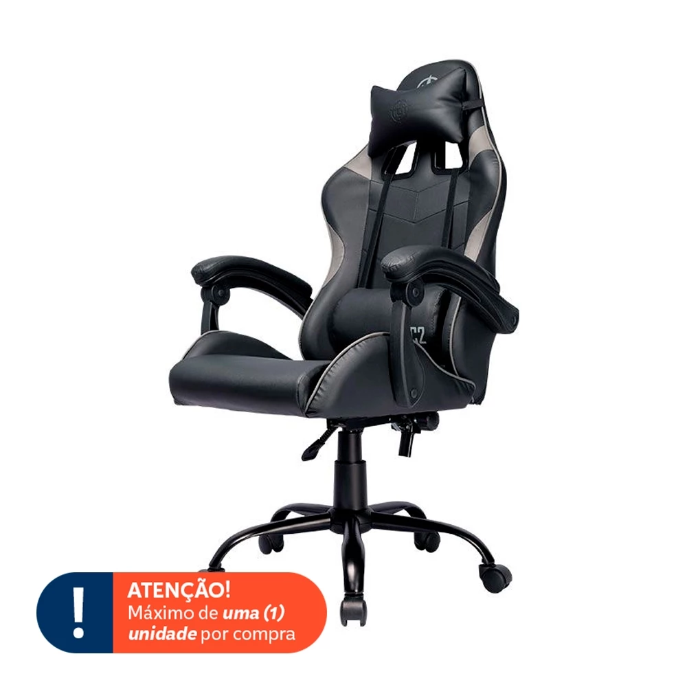 Cadeira gamer preta e cinza com encosto alto e apoio de braços