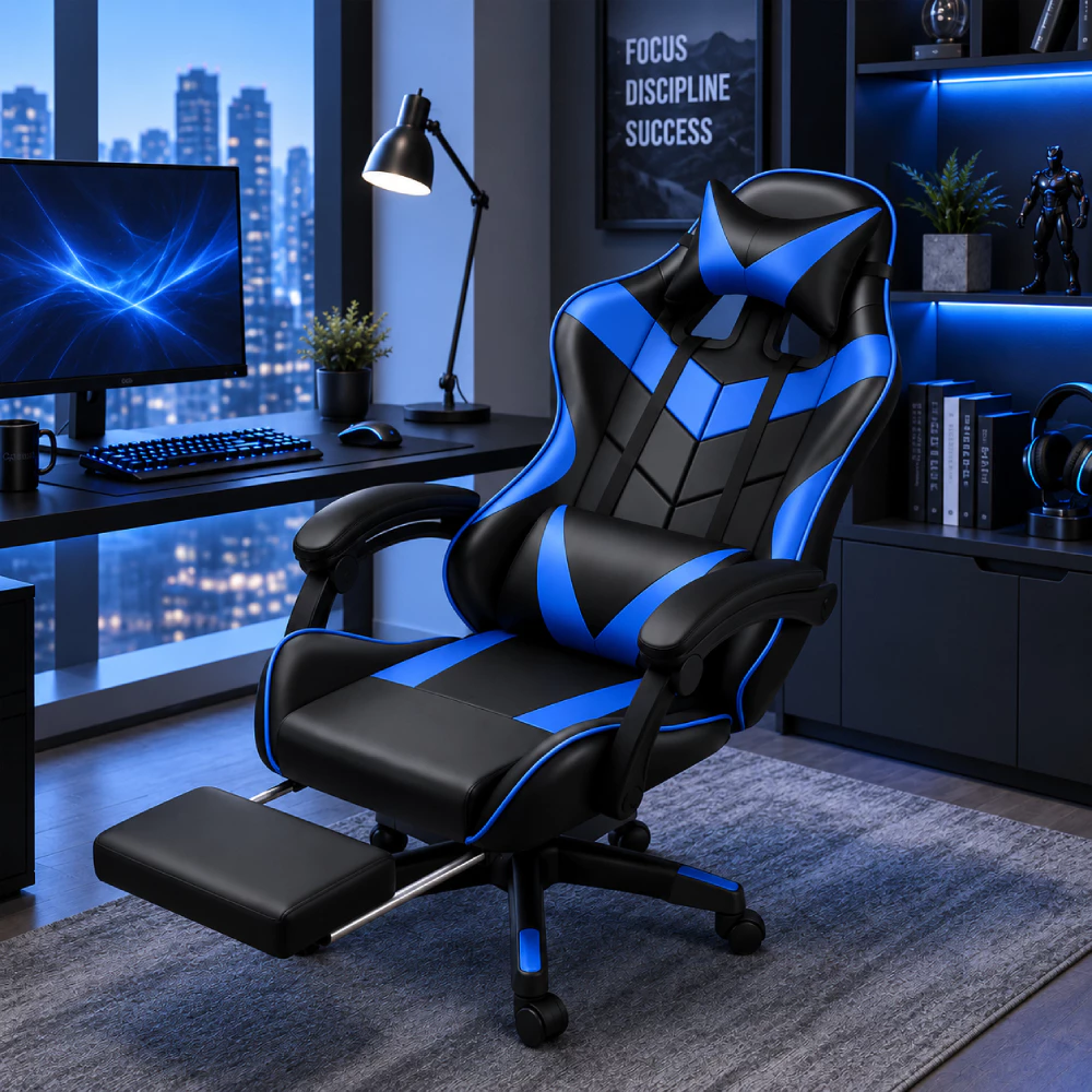 Cadeira gamer preta e azul com apoio para os pés em setup gamer