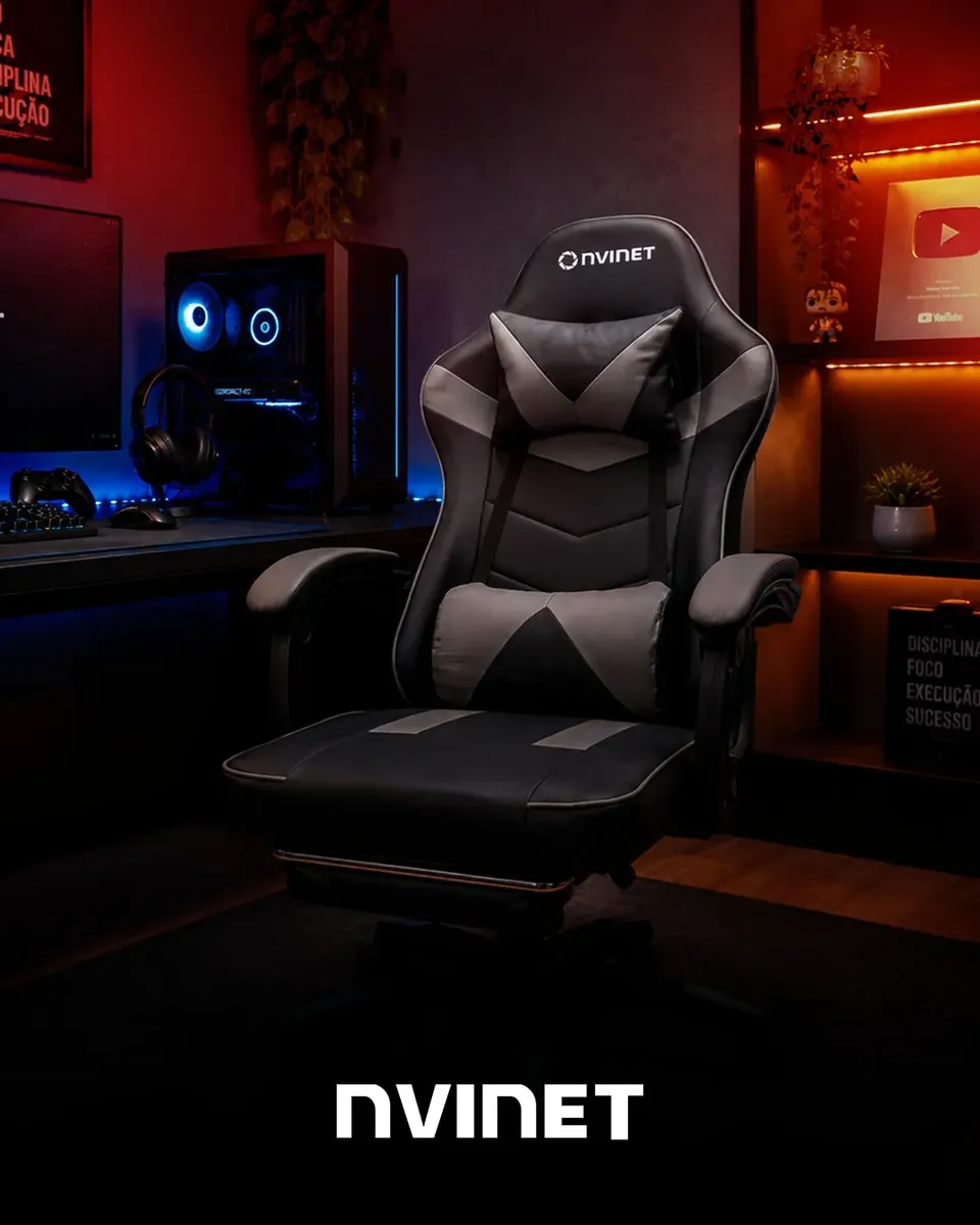 Cadeira gamer Nvinet preta e cinza em ambiente de setup gamer