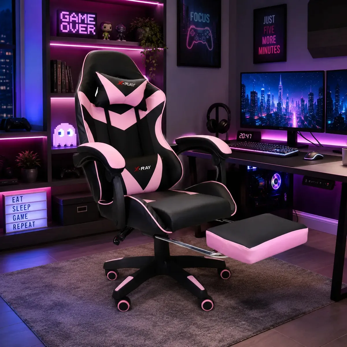 Cadeira Gamer X-Ray reclinável ergonômica rosa em couro sintético