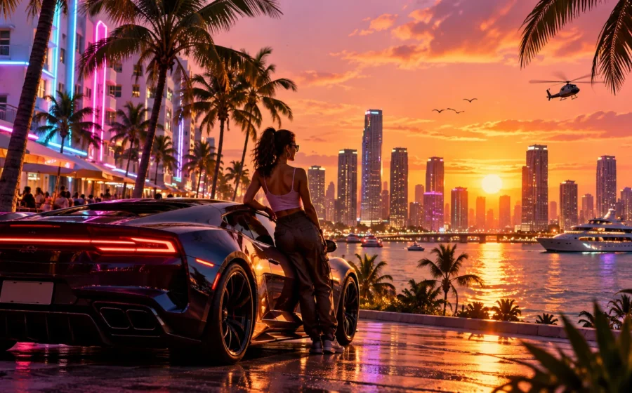 Cidade tropical ao pôr do sol em composição editorial inspirada em Vice City