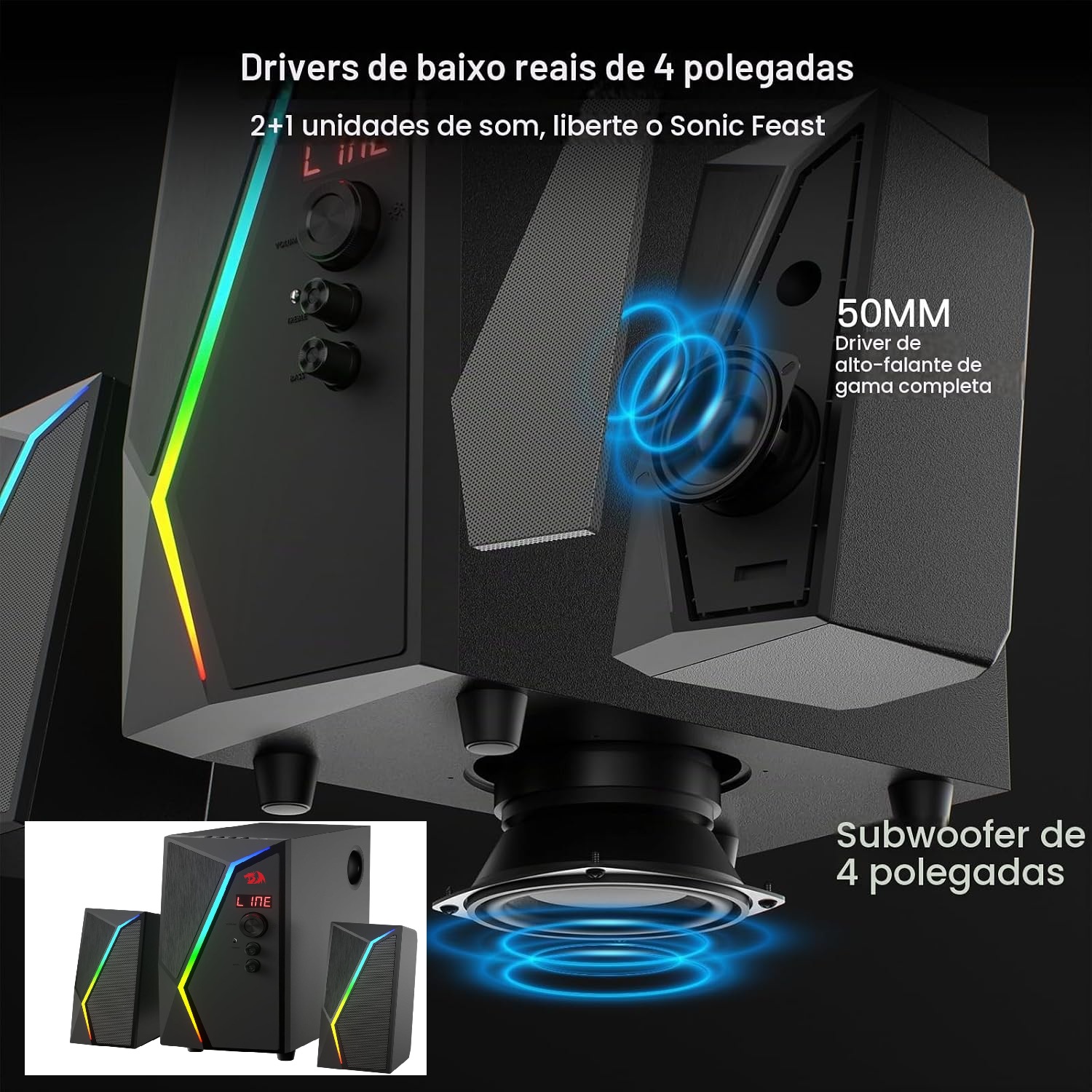 Sistema de som gamer 2.1 com duas caixas, subwoofer e iluminação RGB