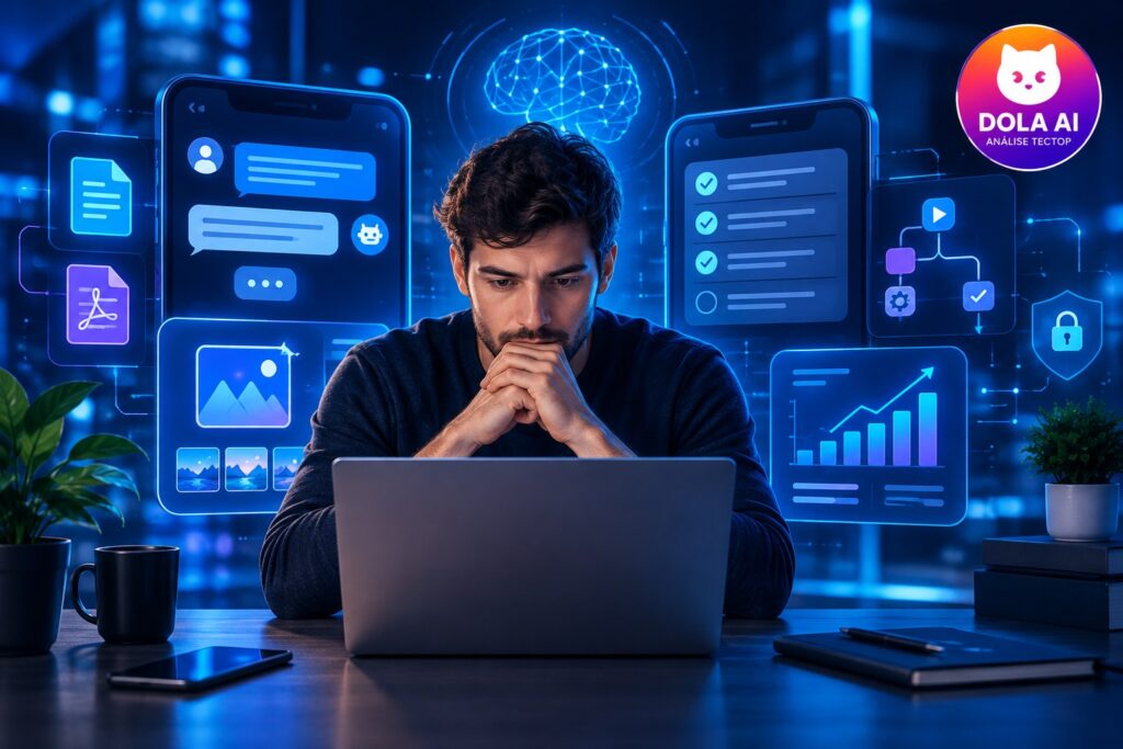 Homem analisando a Dola AI em um notebook, com interfaces de inteligência artificial e selo Análise TecTop.